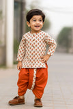 Rust Orange Handblock Printed Kurta with Dhoti Set For Boys