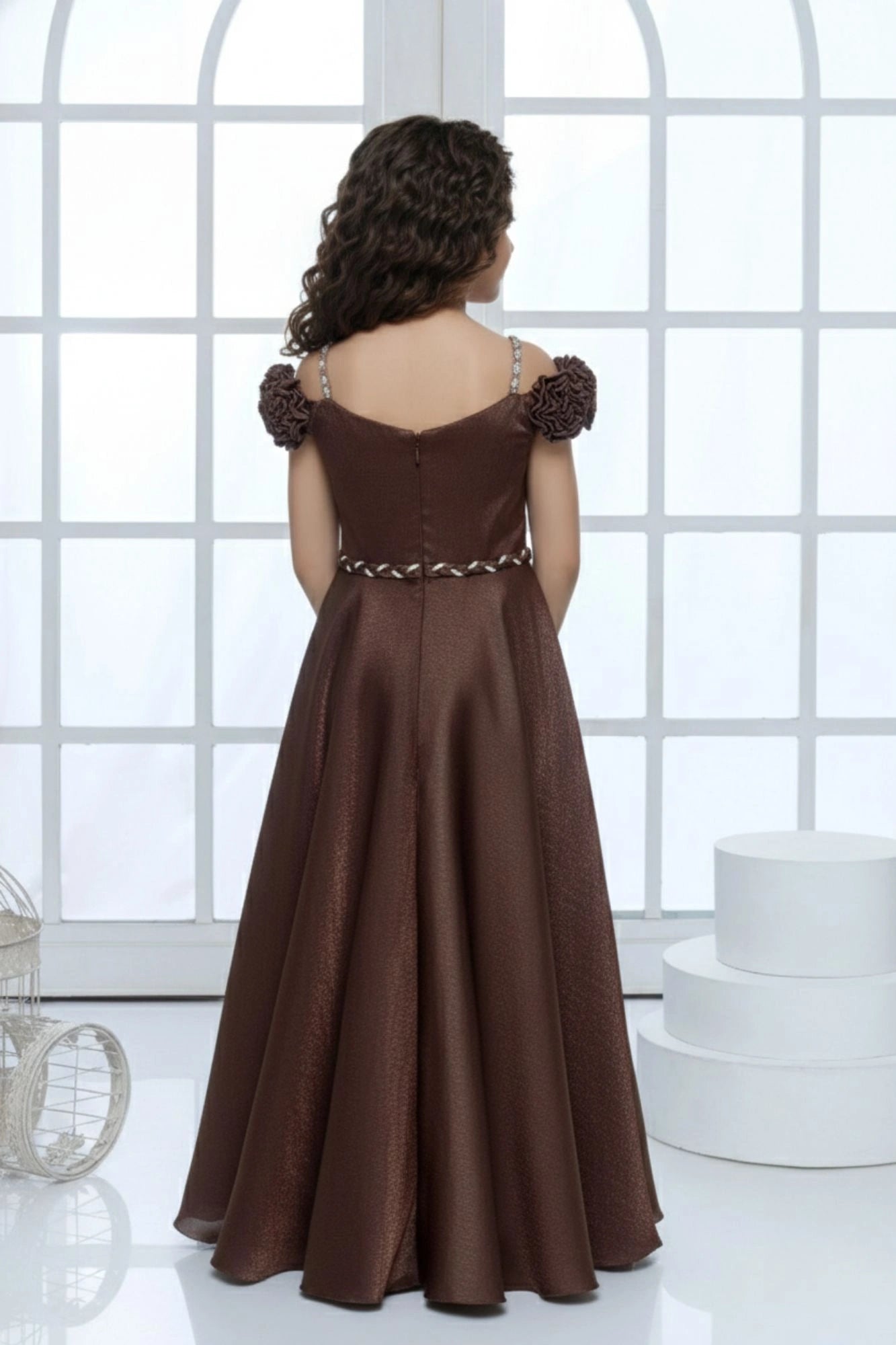 Brown Embellished Off-Shoulder Party Gown For Girls