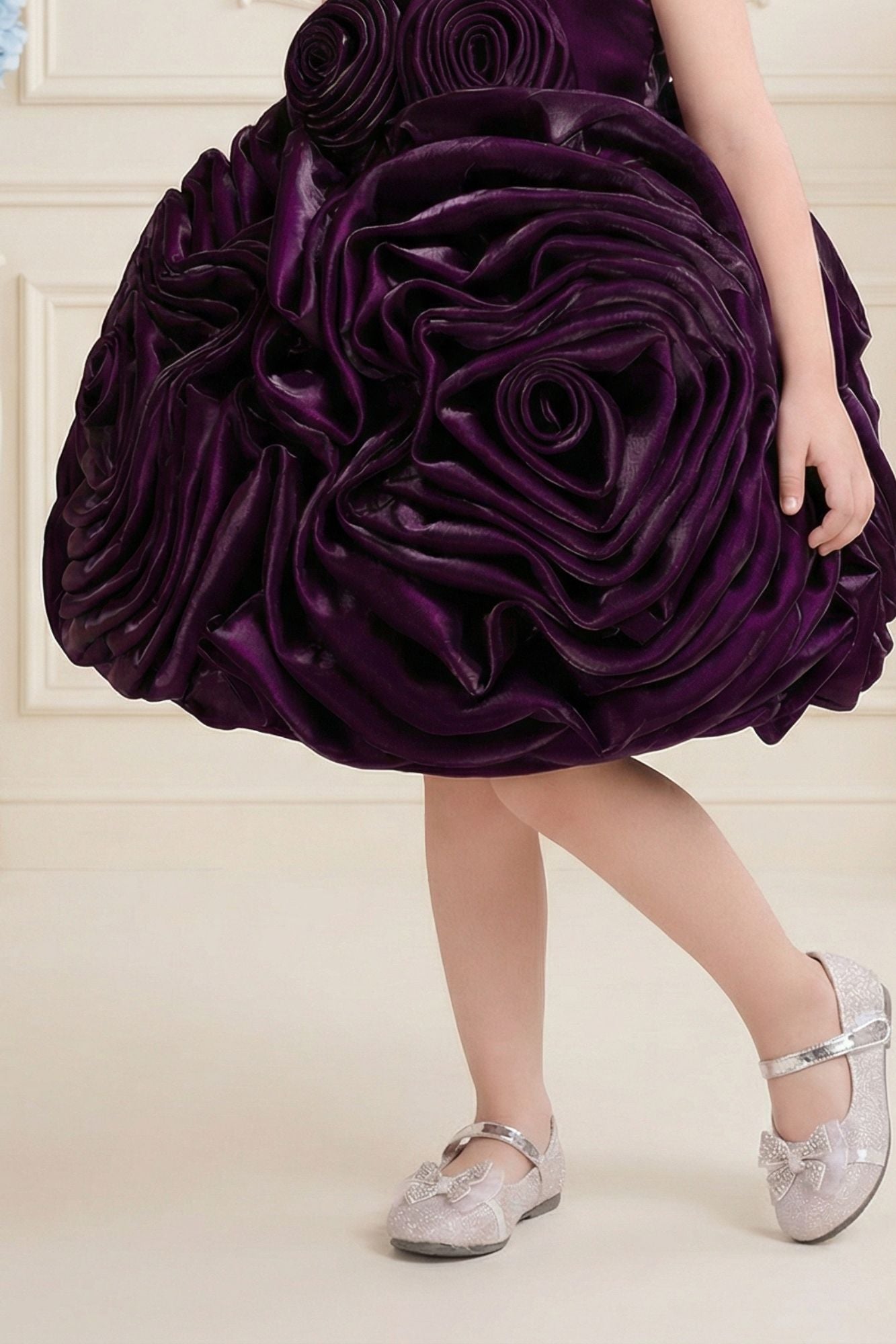 Wine 3D Rosette Appliqué Party Wear  Frock For Girls
