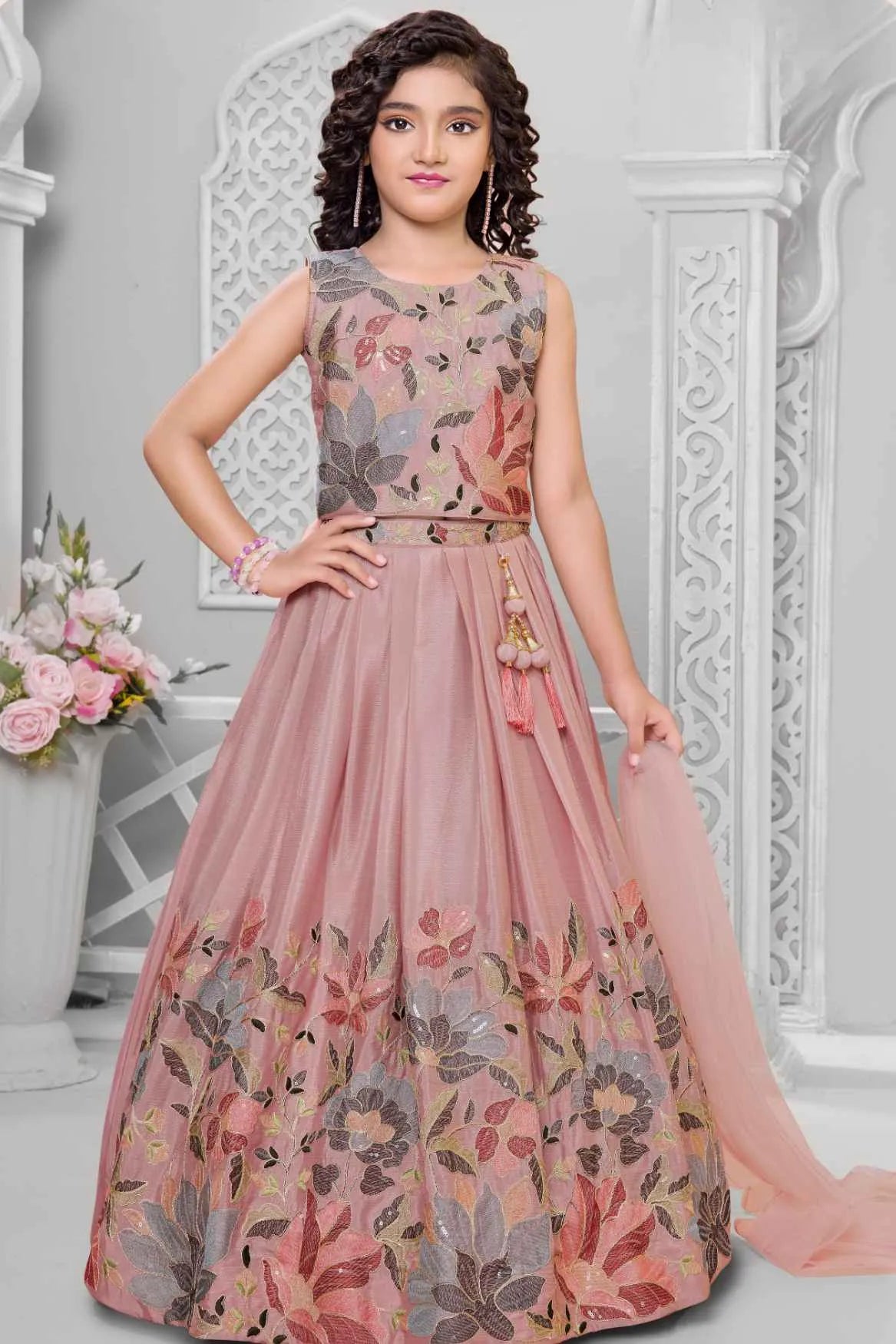 Dusty Pink Floral Embroidered Lehenga Choli And Dupatta For Girls