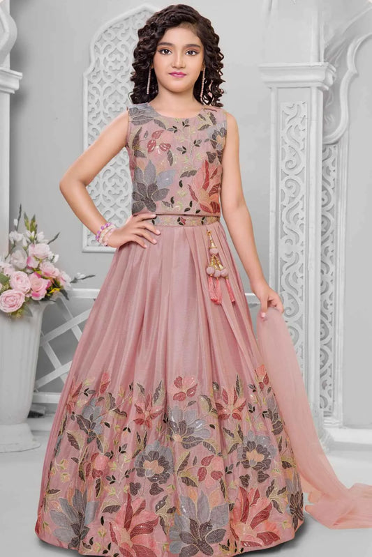 Dusty Pink Floral Embroidered Lehenga Choli And Dupatta For Girls
