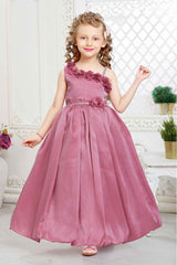 Pink Gown With Floral Embellished And Stone Waist Band For Girls