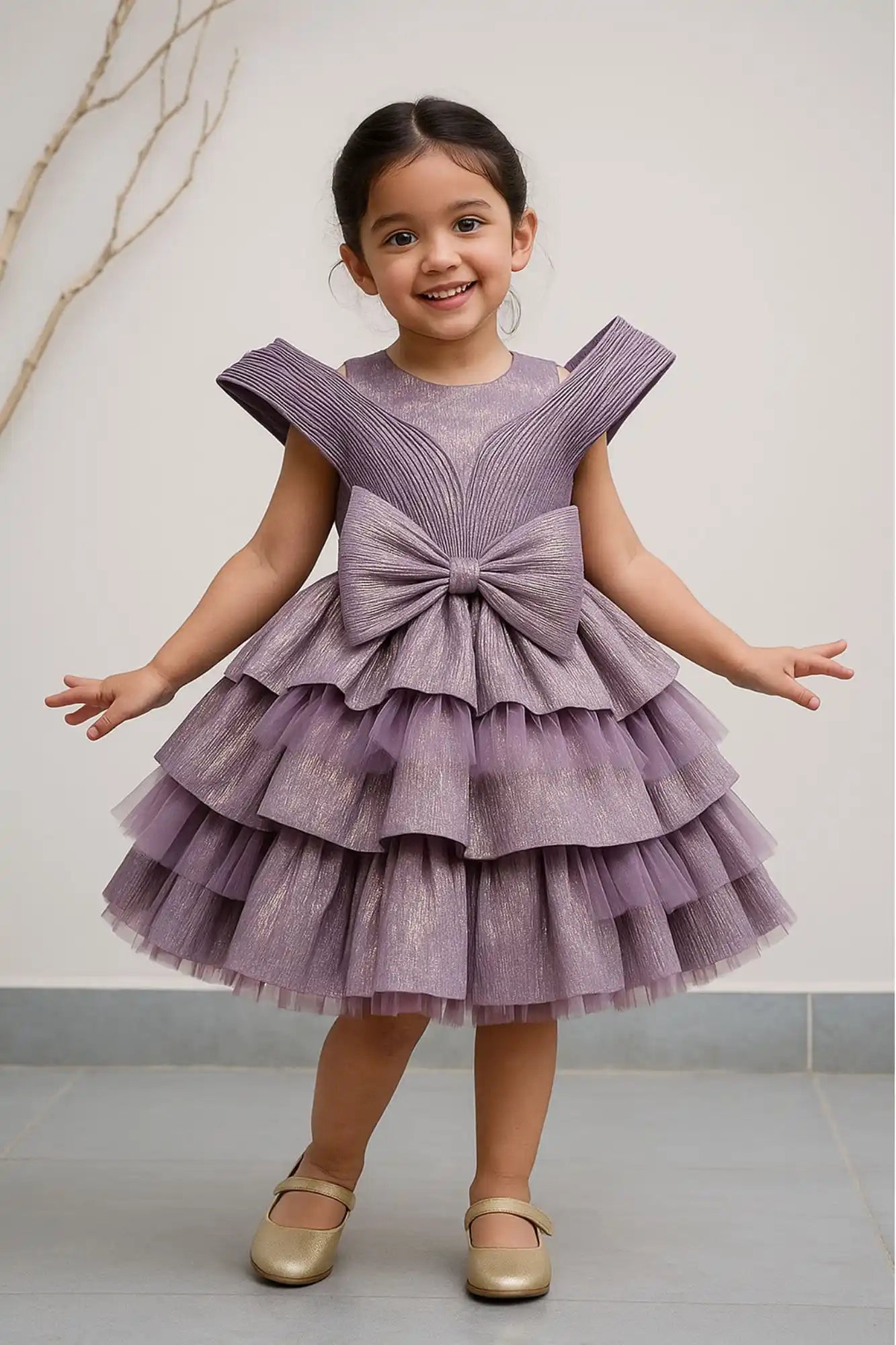 Lavender Bow Embellished Party Wear Frock For Girls
