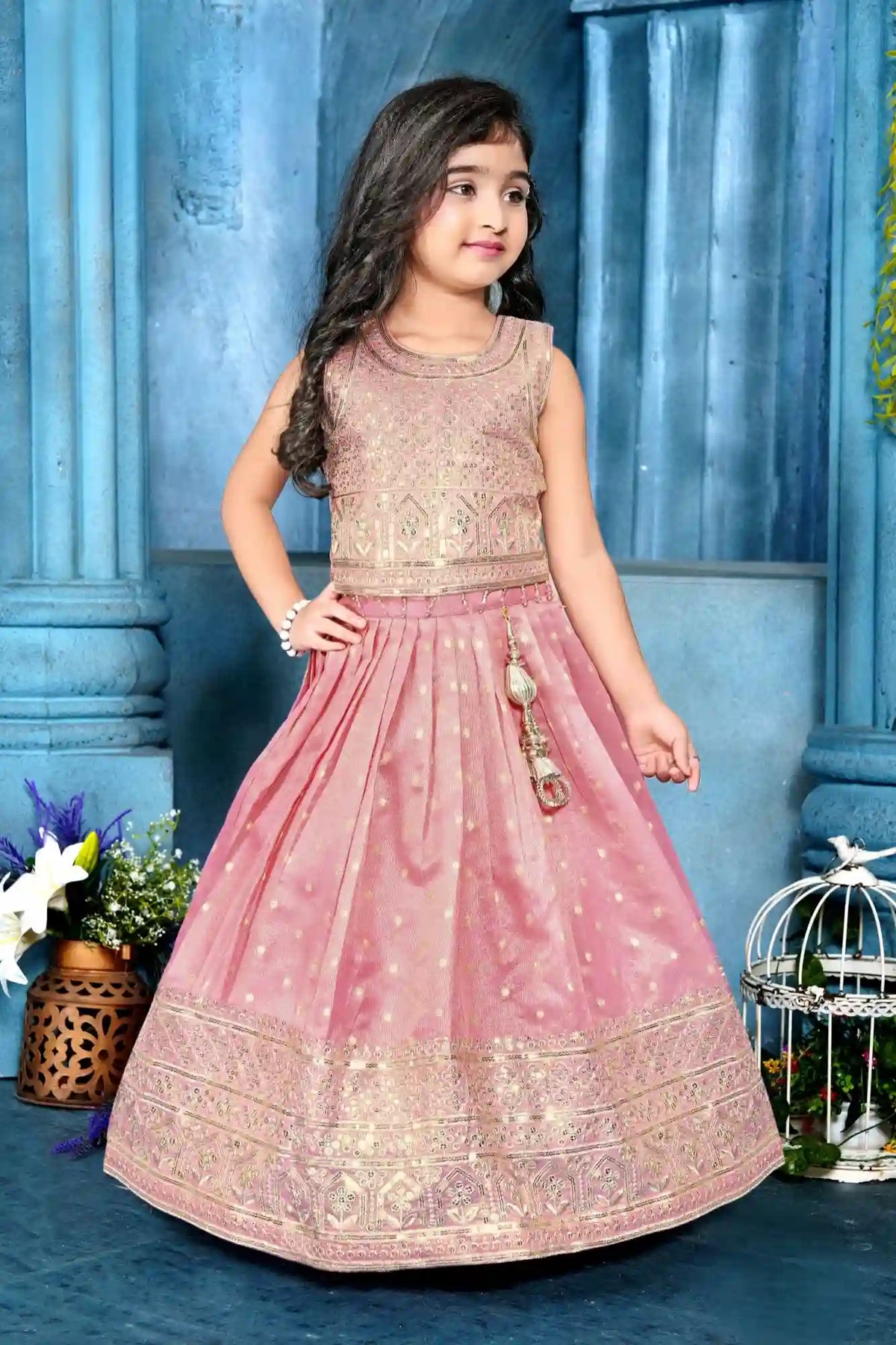 Pink Sequins Embroidered Pattu Pavadai Set For Girls