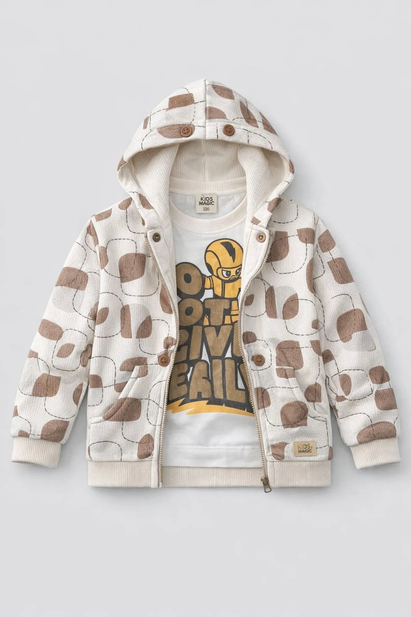 White And Brown Graphic Print T-Shirt & Printed Hooded Zipper Jacket Set For Boys