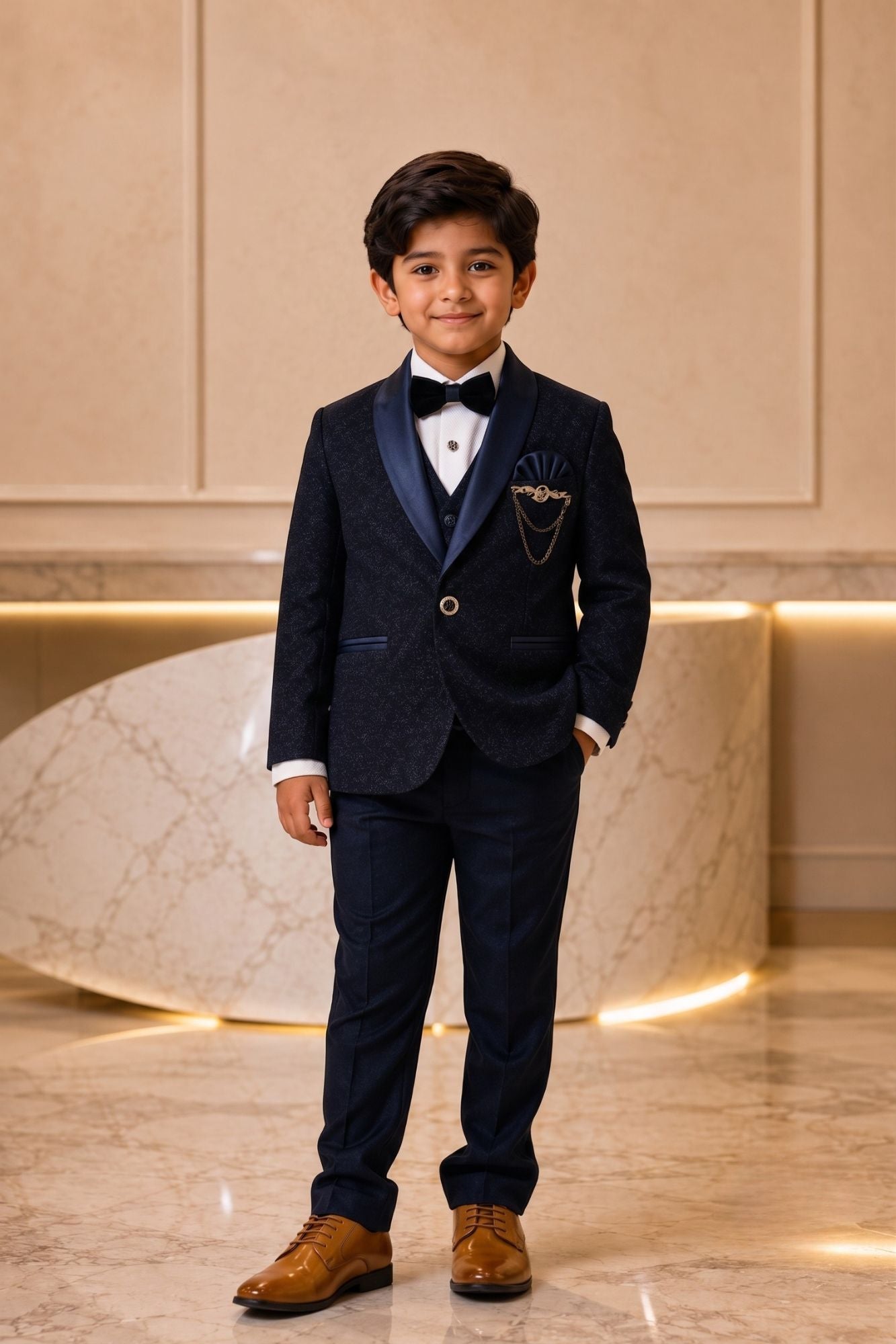 Navy Blue Textured 5 Piece Coat Suit Set with Satin Shawl Lapel and Bow Tie