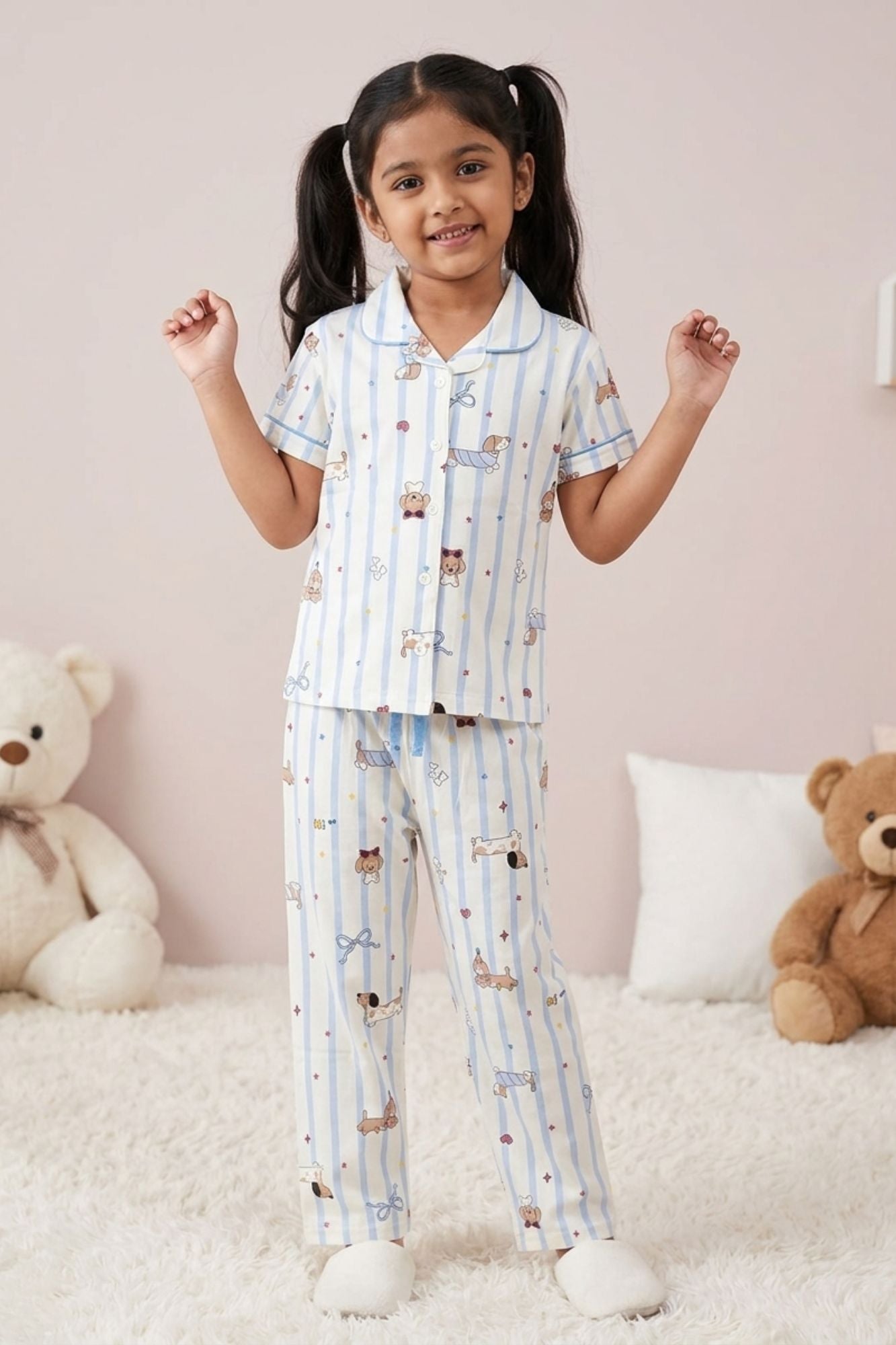 Girls Blue Striped Teddy Print Night Suit Set