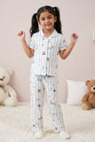 Girls Blue Striped Teddy Print Night Suit Set