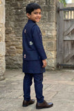 Designer Navy Blue Kurta Pajama Set With Floral Embroidery For Boys