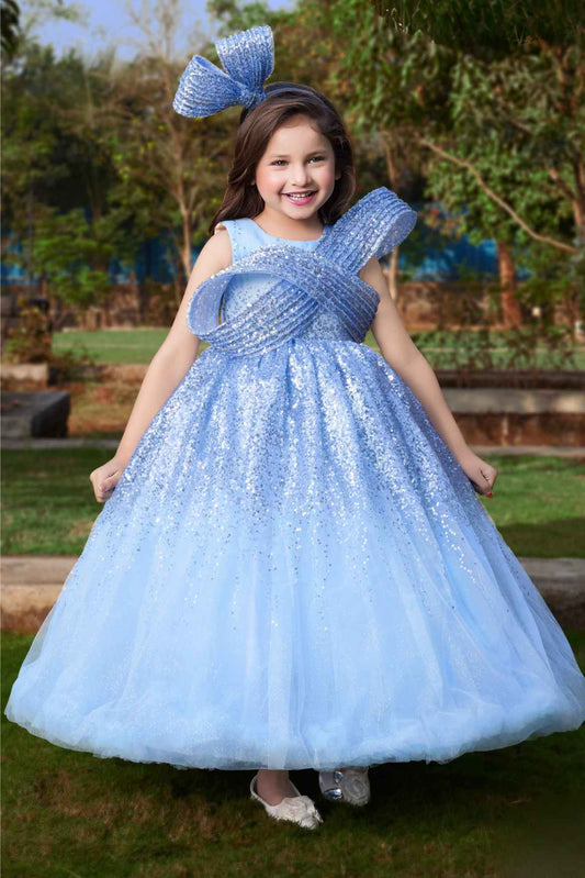 Sky Blue Sequin Ball Gown With Crossover Bow For Girls