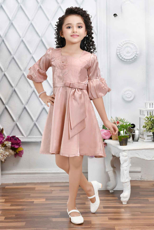 Peach Satin Frock With Floral Embellished For Girls