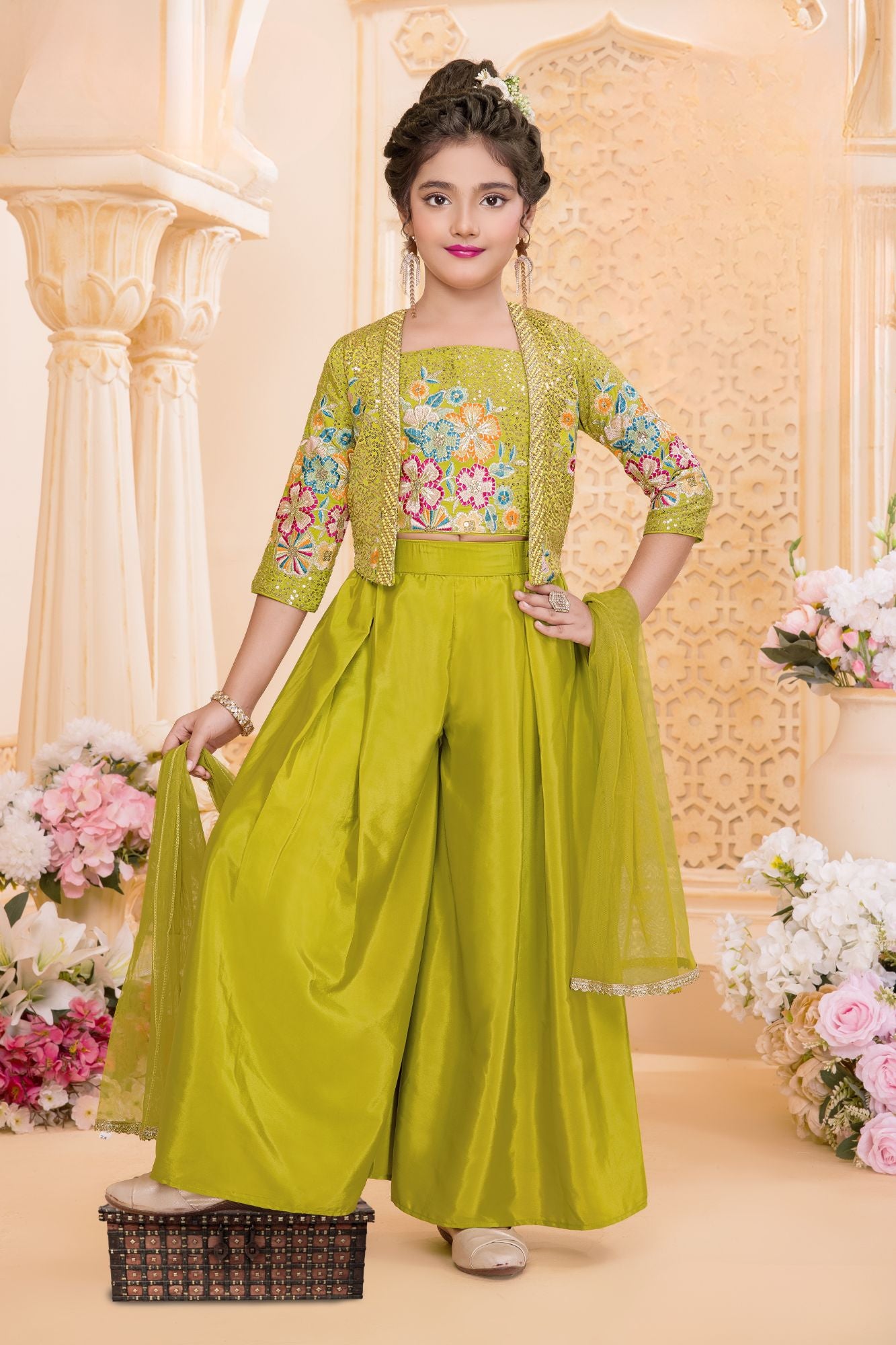 Girls Green Embroidered Palazzo Set With Jacket And Dupatta