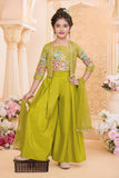 Girls Green Embroidered Palazzo Set With Jacket And Dupatta