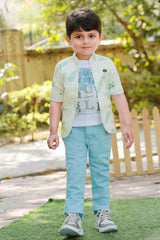 Cream Overcoat With White T shirt And Pant Set For Boys