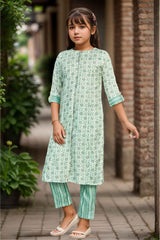 Green Printed And Stone Work Kurta With Pant Set For Girls