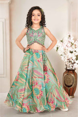 Green Mirror And Embroidery Work With Floral Printed Lehenga Choli Set For Girls