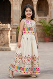 Elegant Cream With Multicolor Embroidered Lehenga Choli Set For Girls