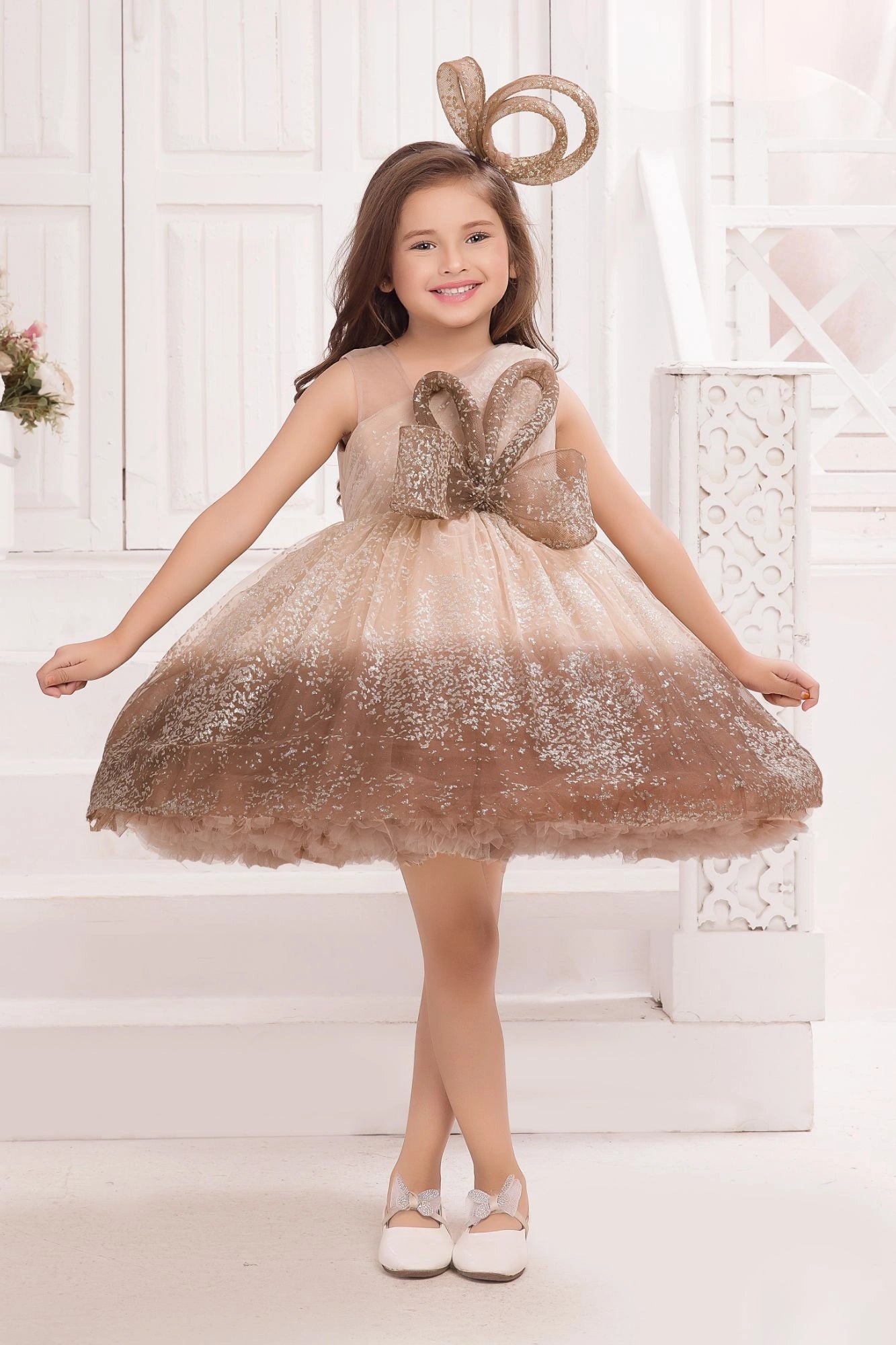 Brown Ombre With Bow Embellishment Party Wear Frock for Girls