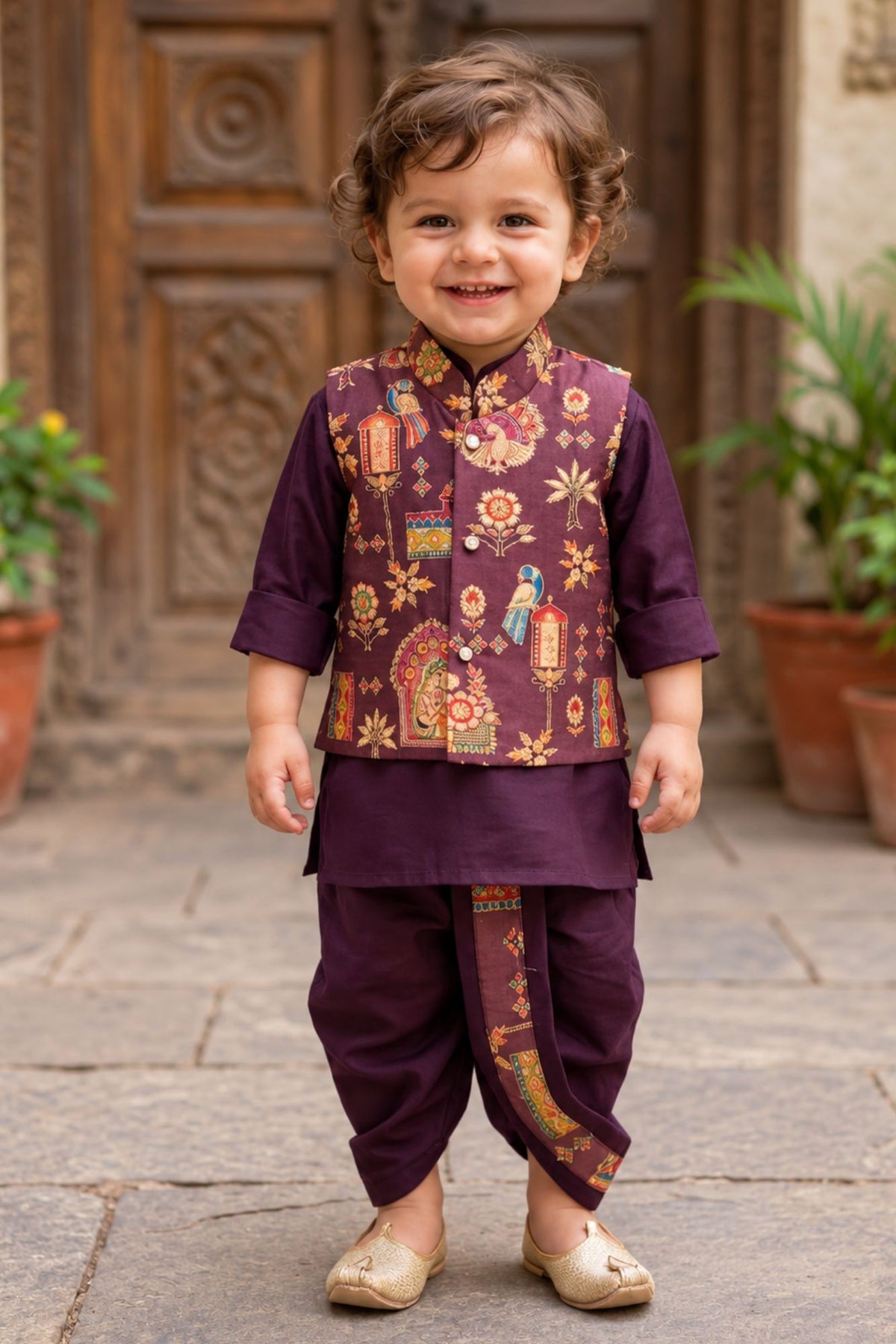Boys Wine Printed Waistcoat Dhoti Kurta Set