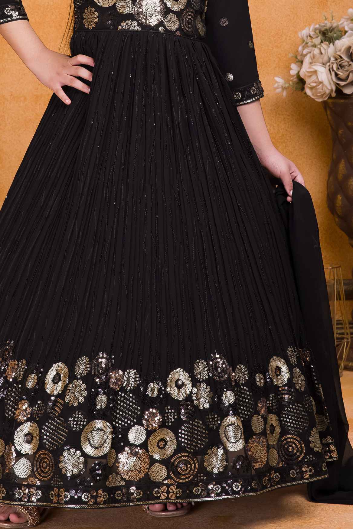 Classic Black Sequins Embroidered Ethnic Gown For Girls