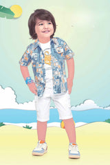 Blue Printed Shirt And T Shirt With White Shorts Set For Boys