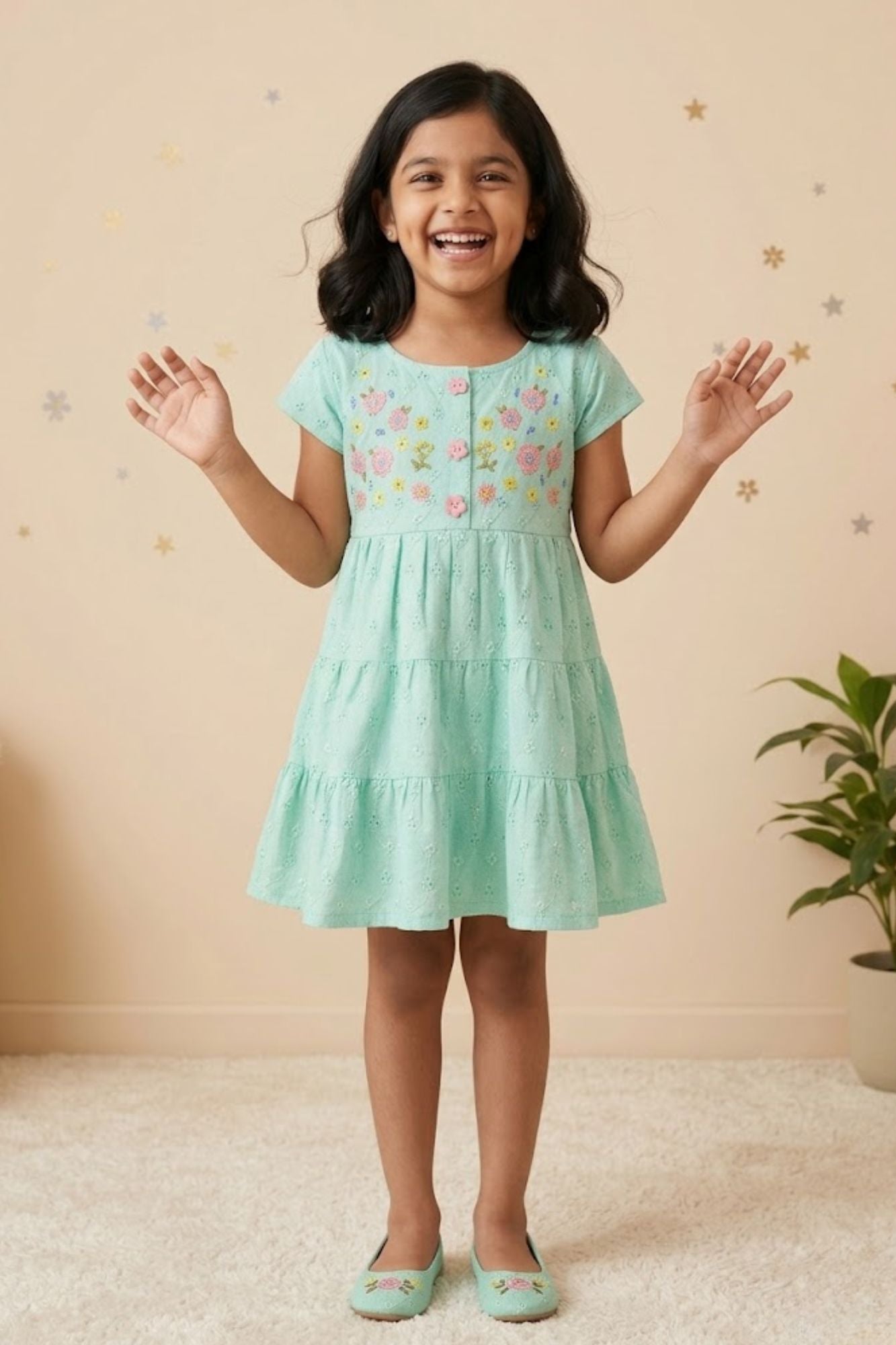 Elegant Turquoise Hakoba And Embroidered Frock For Girls
