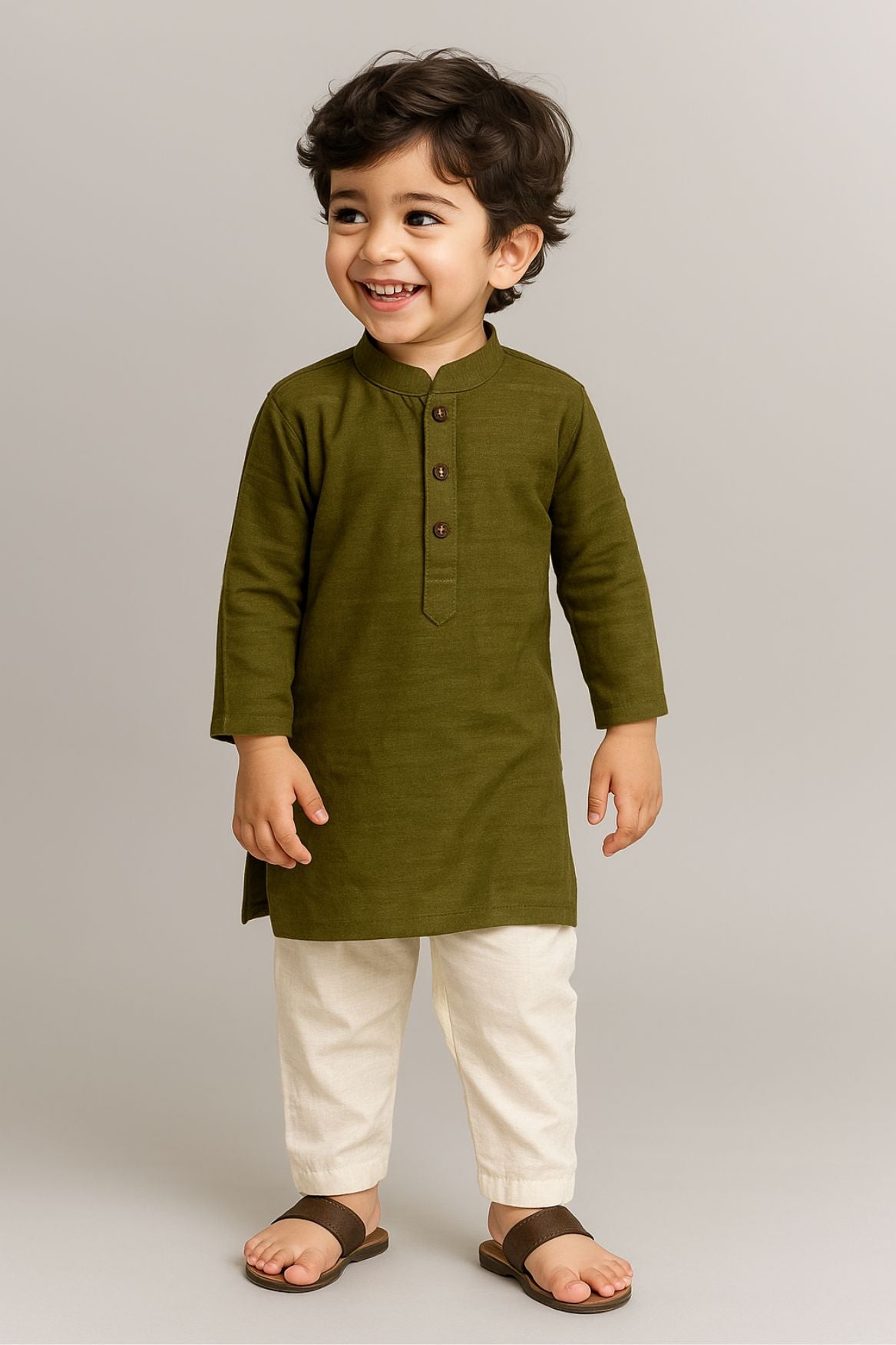 Olive Green Kurta Set With Off White Pants For Boys