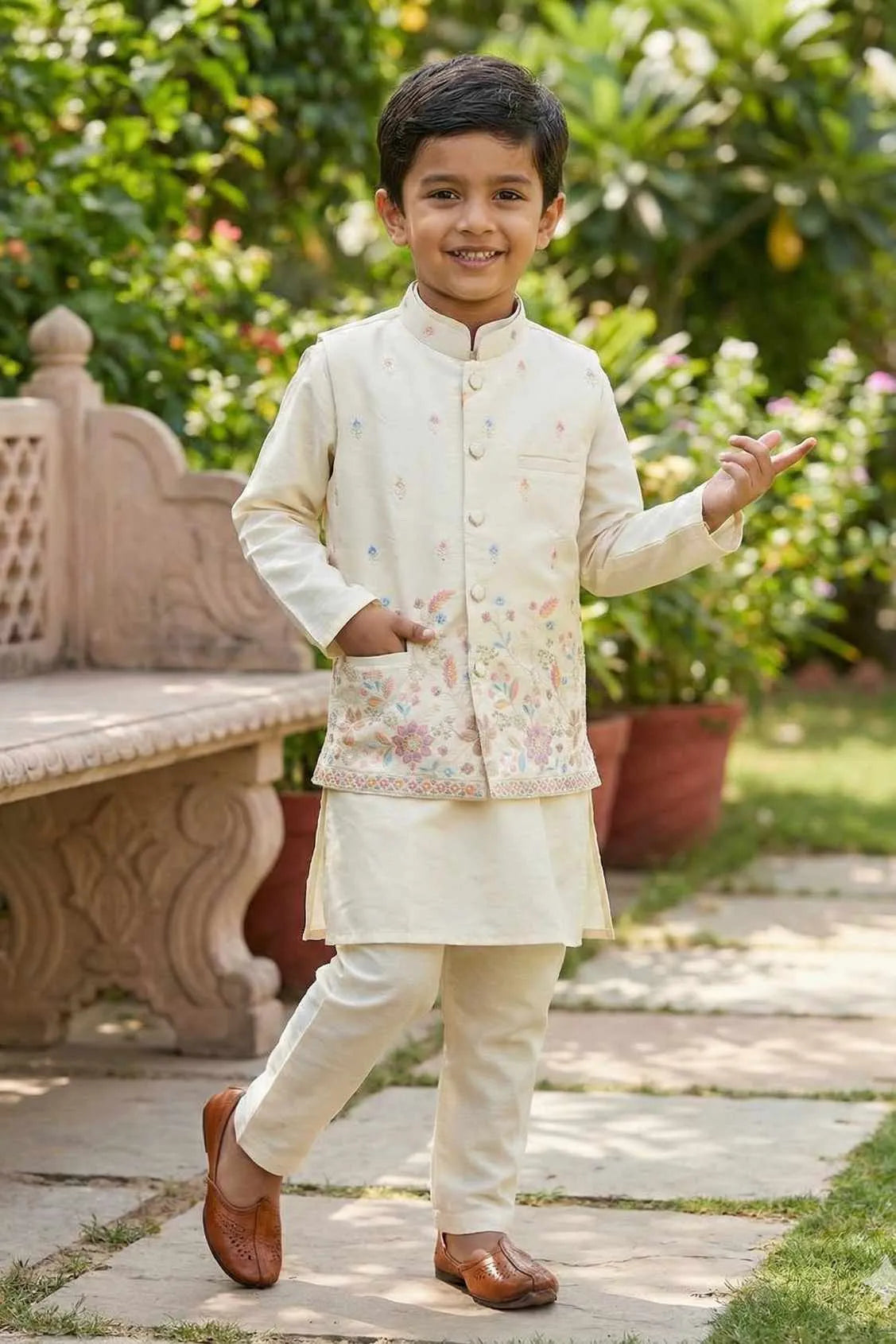 Cream Floral Embroidered Nehru Jacket With Kurta Set For Boys
