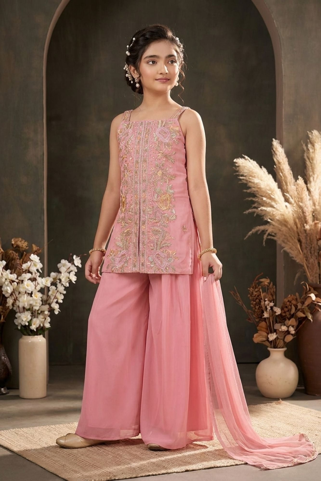 Girls Pink Palazzo Set with Heavy Floral Embroidered Kurti And Dupatta