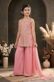 Girls Pink Palazzo Set with Heavy Floral Embroidered Kurti And Dupatta