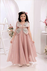 Peach Butterfly Embellished With Sequins And Pearl Work Gown For Girls