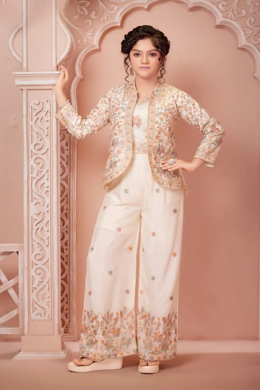 Cream Floral Embroidered Ethnic Co-Ord Set with Jacket for Girls