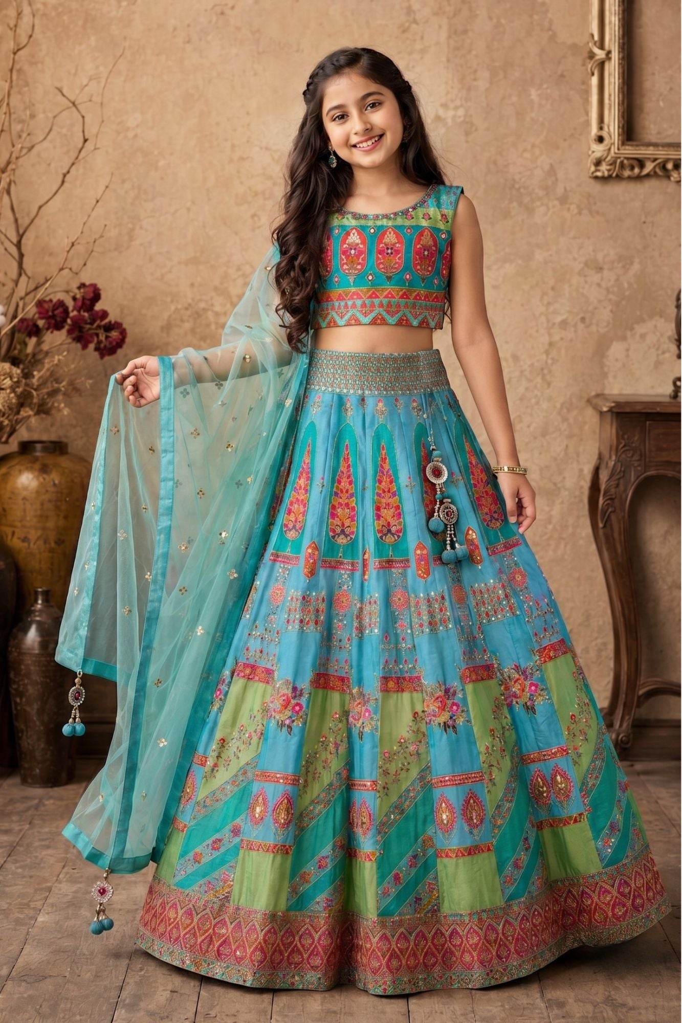 Aqua Blue and Pista Green Embroidered Lehenga Choli Set with Dupatta
