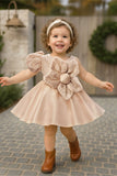 Fawn Party Frock With Sequins And Floral Embellishment For Girls