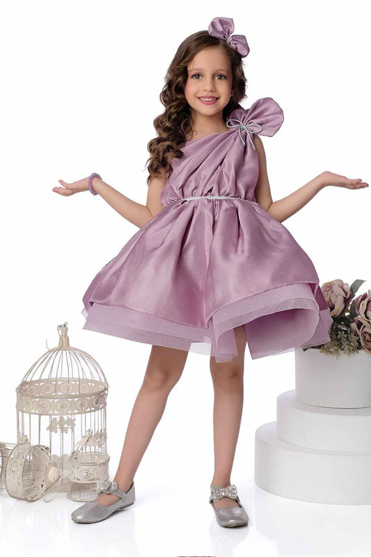 Mauve Bow Embellished With Stone Work Party Wear Frock For Girls