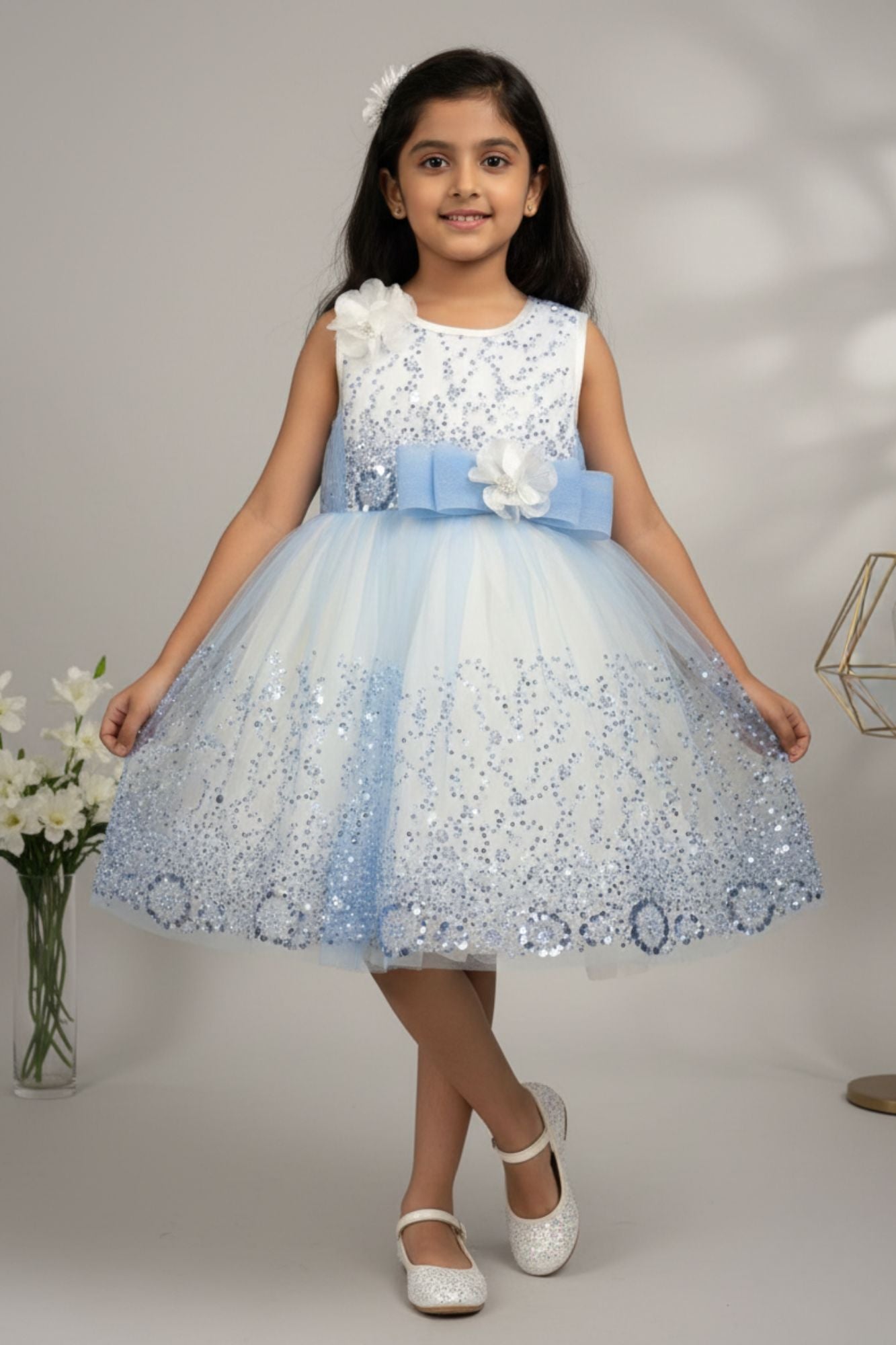 Blue Sequin Party Wear Frock With Bow For Girls