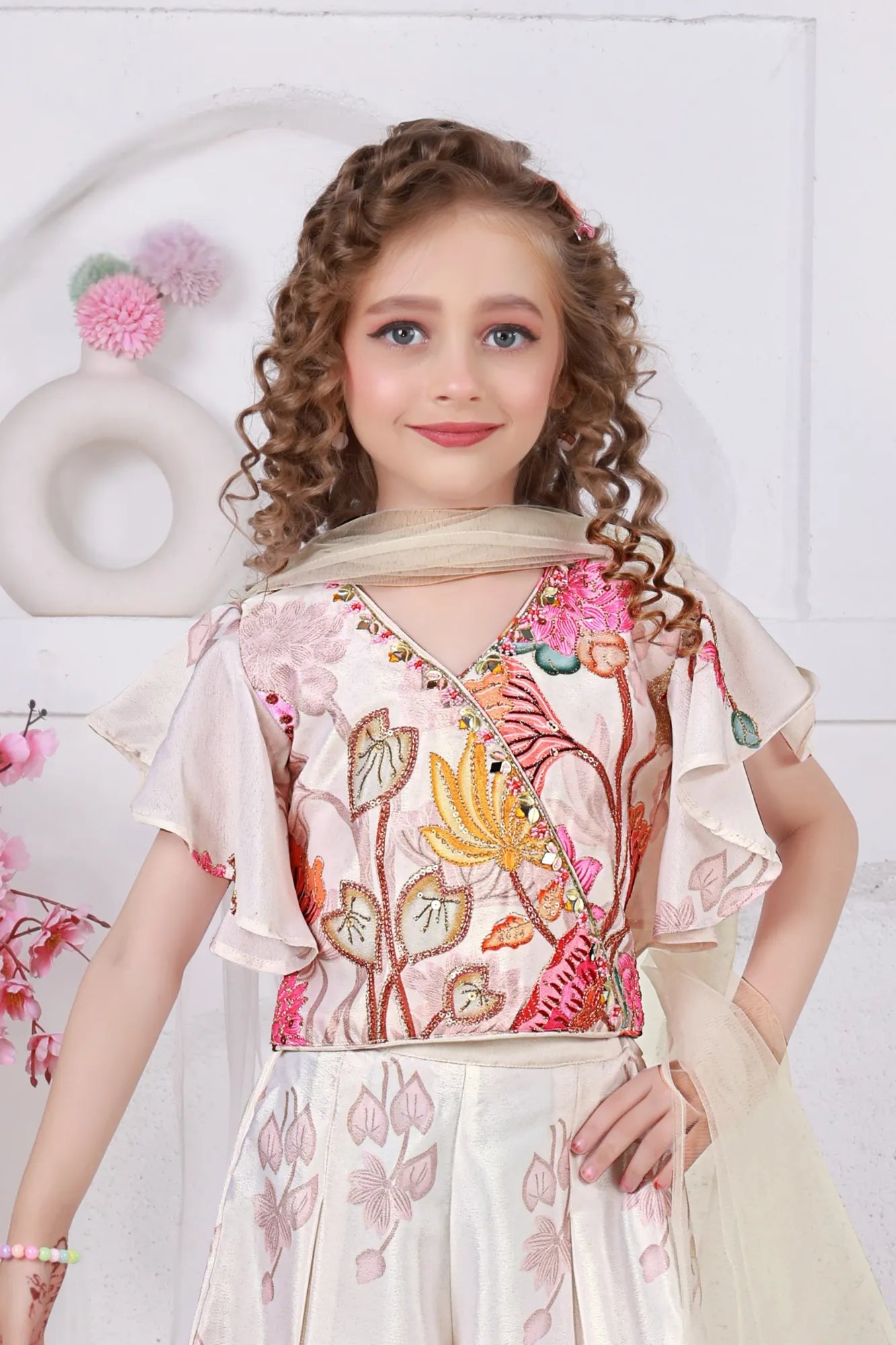 Cream Floral Sequins Embroidered Palazzo Set For Girls