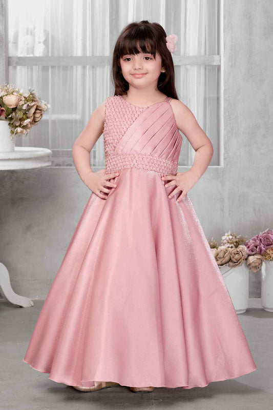 Designer Onion Pink Pearl And Sequin Work Gown For Girls