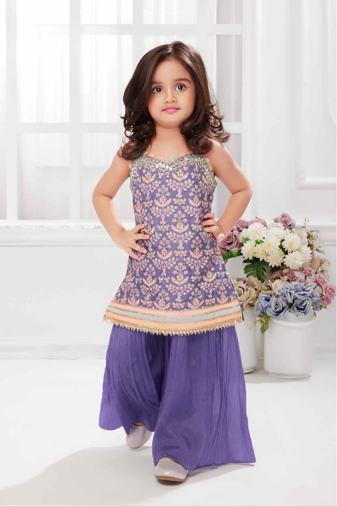 Purple Sequin And Embroidered Palazzo Set For Girls