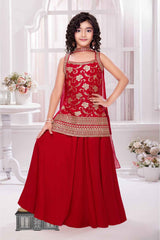 Elegant Red Embroidered Palazzo Set With Dupatta For Girls