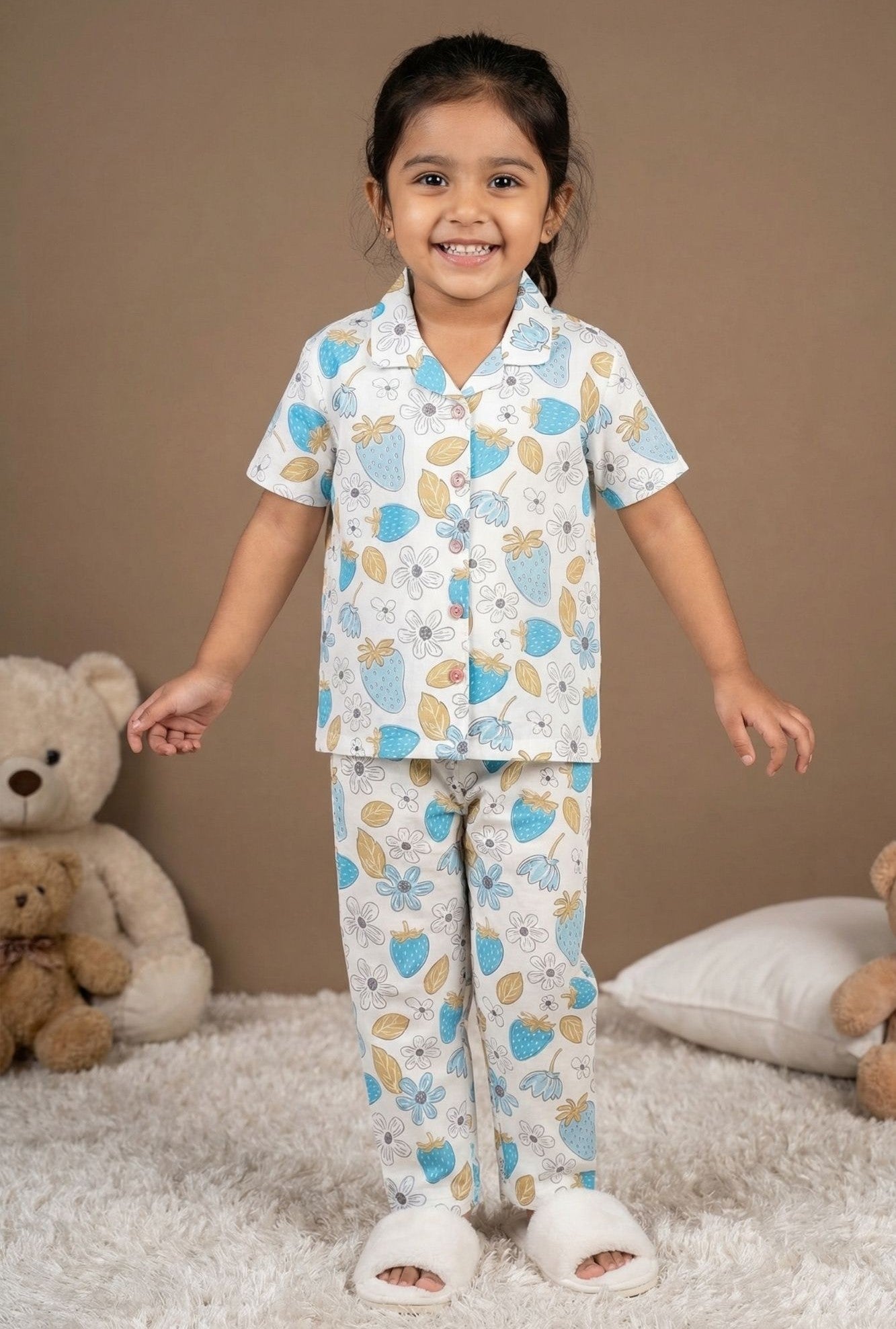 White Strawberry Floral Printed Night Suit Set For Girls