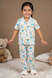 White Strawberry Floral Printed Night Suit Set For Girls