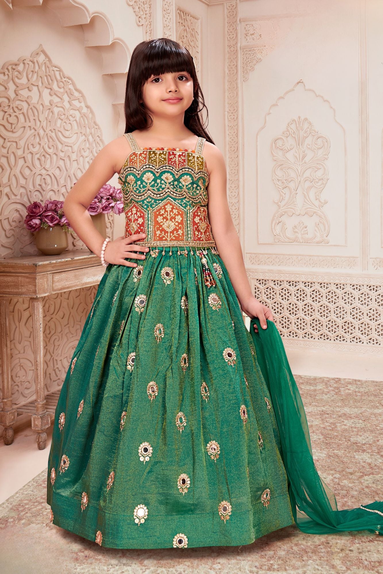 Girls Green Embroidered Lehenga Choli Set with Dupatta