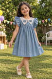Girls Blue Lace Collar Floral Applique Yoke Frock