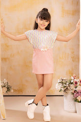 Pink Sequins Work And Floral Embellished Party Dress For Girls