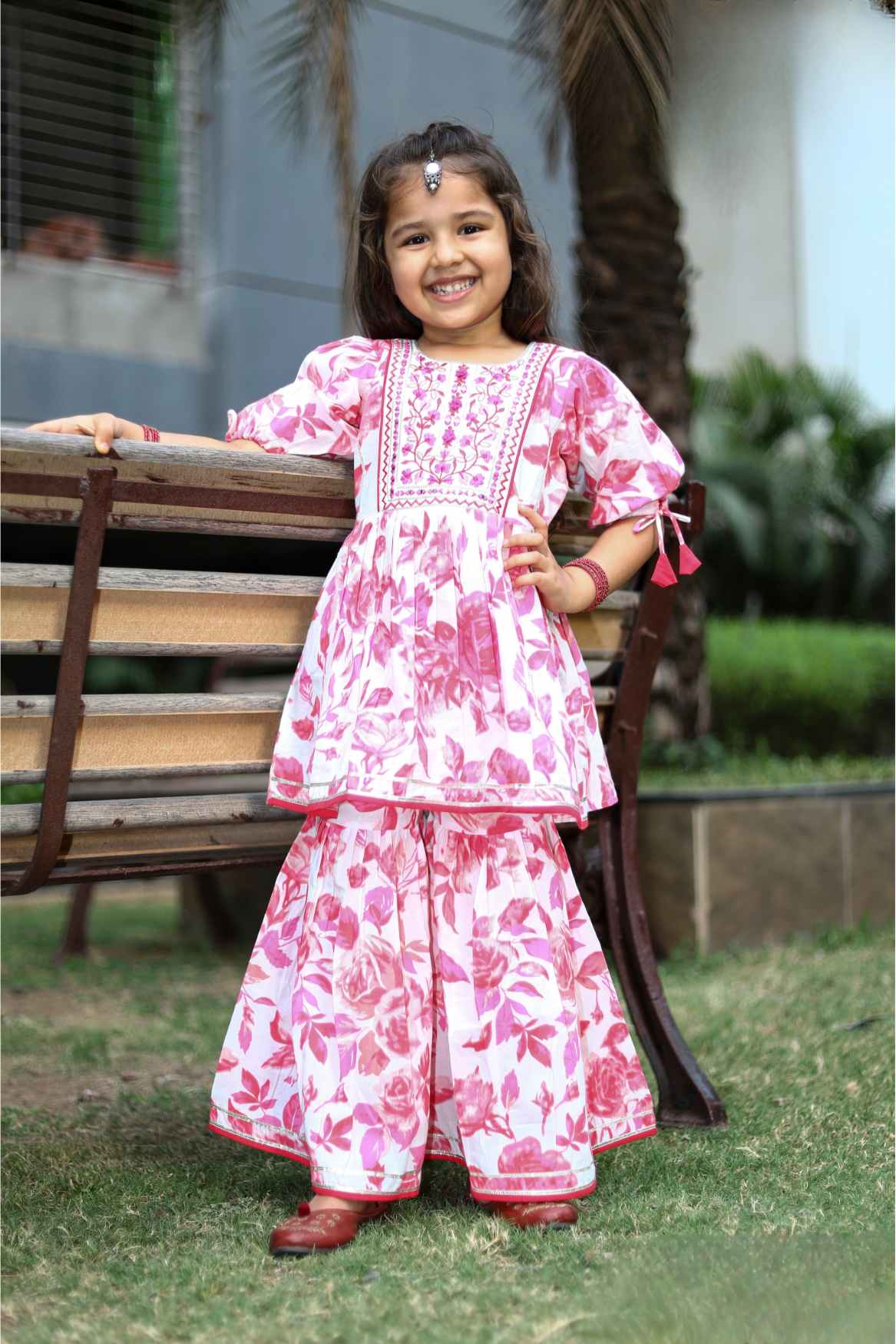Rani Pink Floral Printed And Embroidery Cotton Sharara Set For Girls