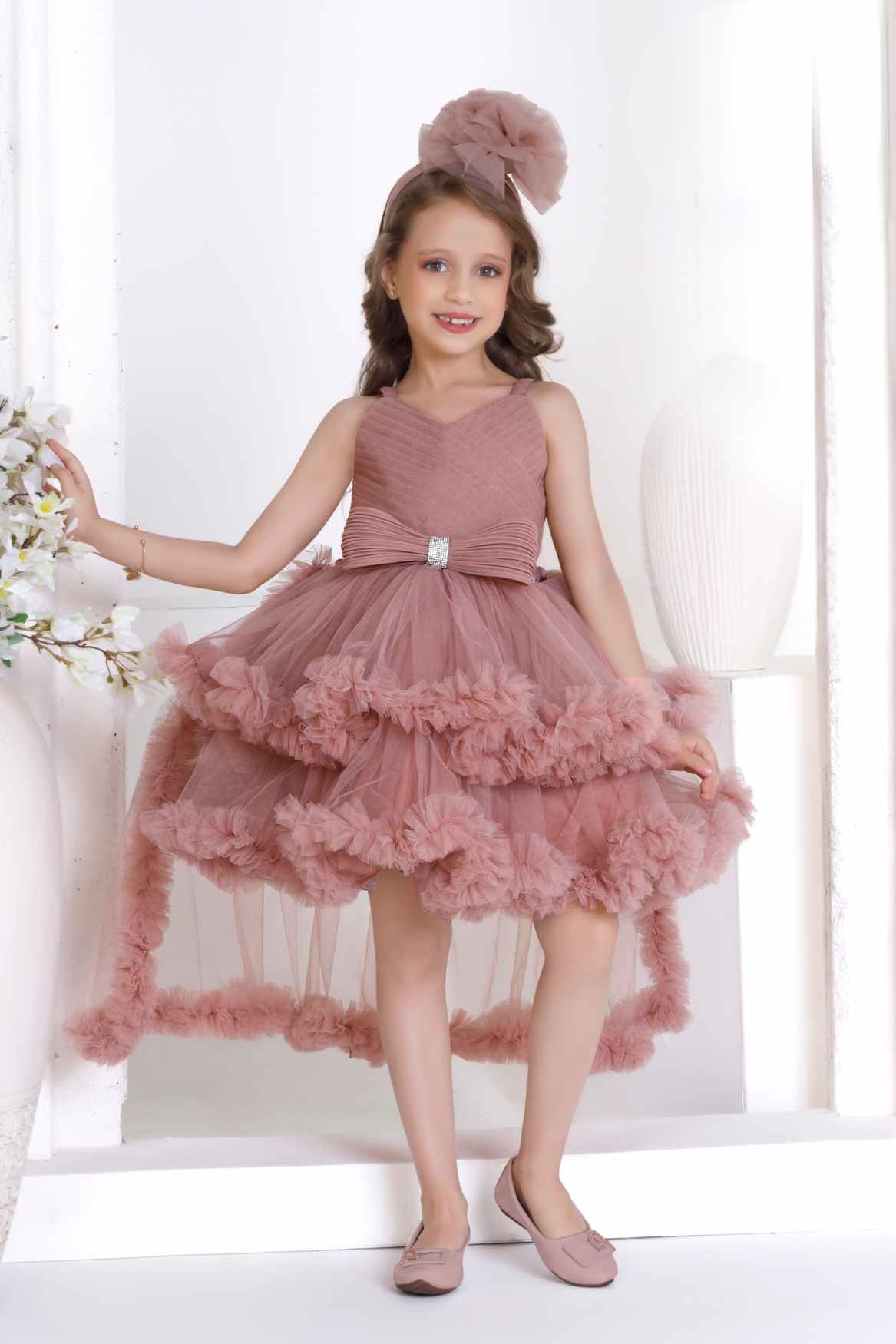 Dusty Pink Ruffle And Layered High-Low Party Tailback Frock for Girls