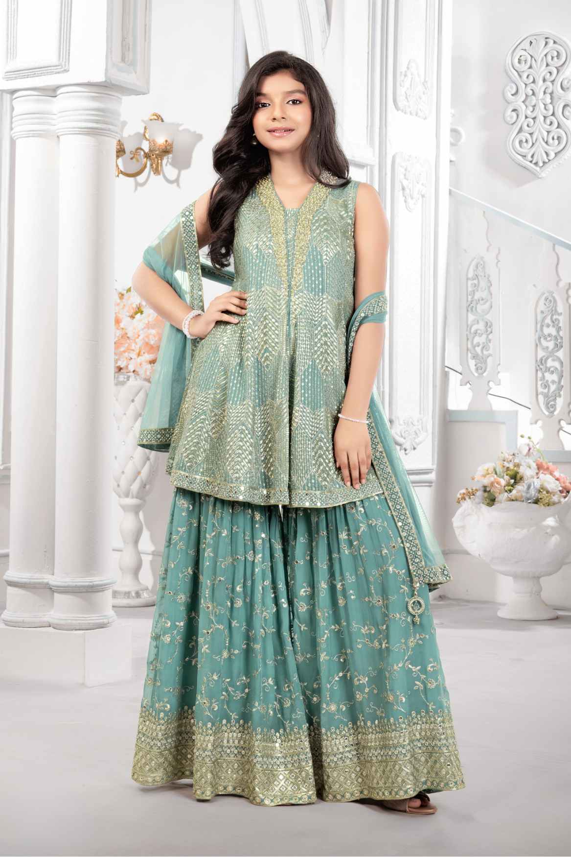Elegant Sea Green Sequins Work With Zari Embroidered Palazzo Set For Girls