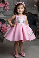 Baby Pink Butterfly Sequin Party Frock For Girls