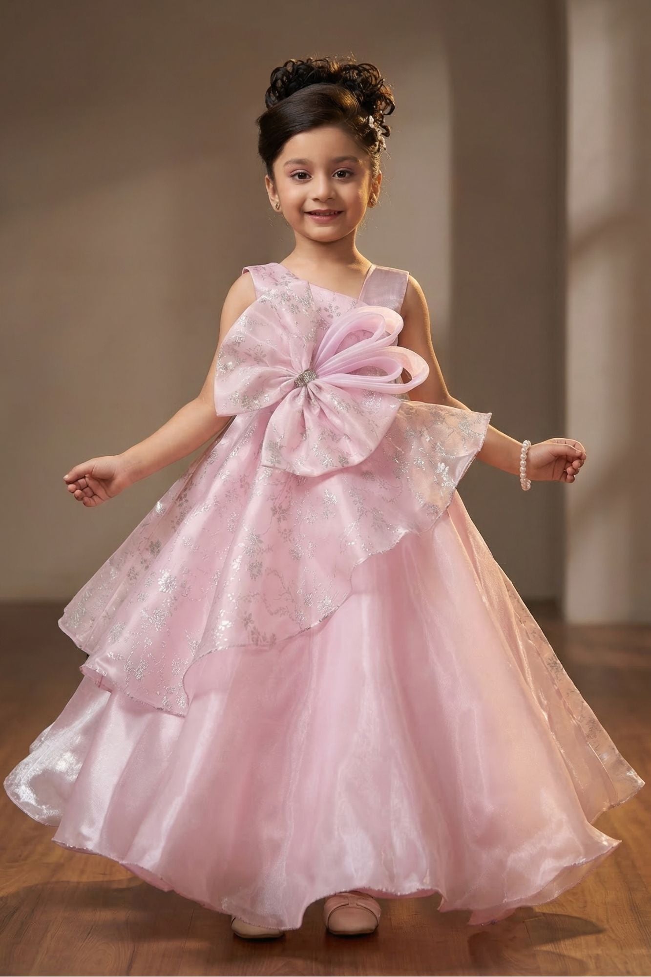 Girls Baby Pink Layered Party Wear Gown with Statement Bow